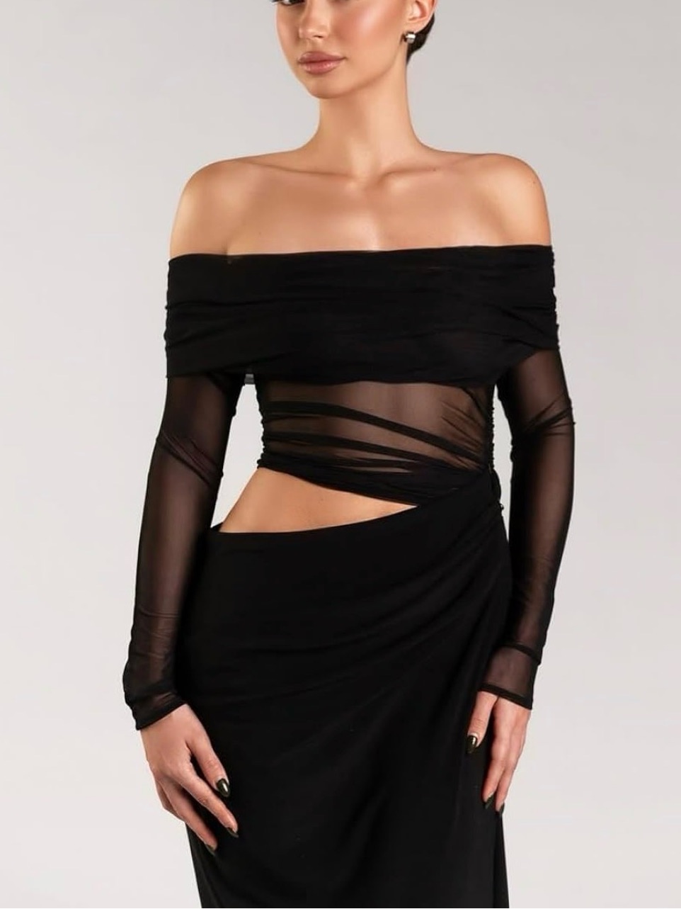 Sheer Mesh Off Shoulder Maxi Dress Y2k Bodycon Gown.